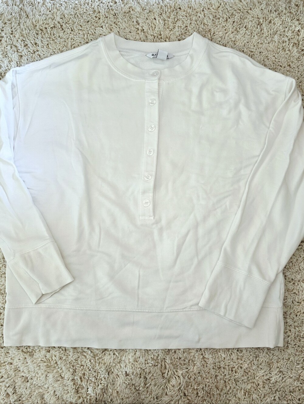 Athleta Womans White Button Pullover Crewneck Long Sleeve Top Thin Sweater